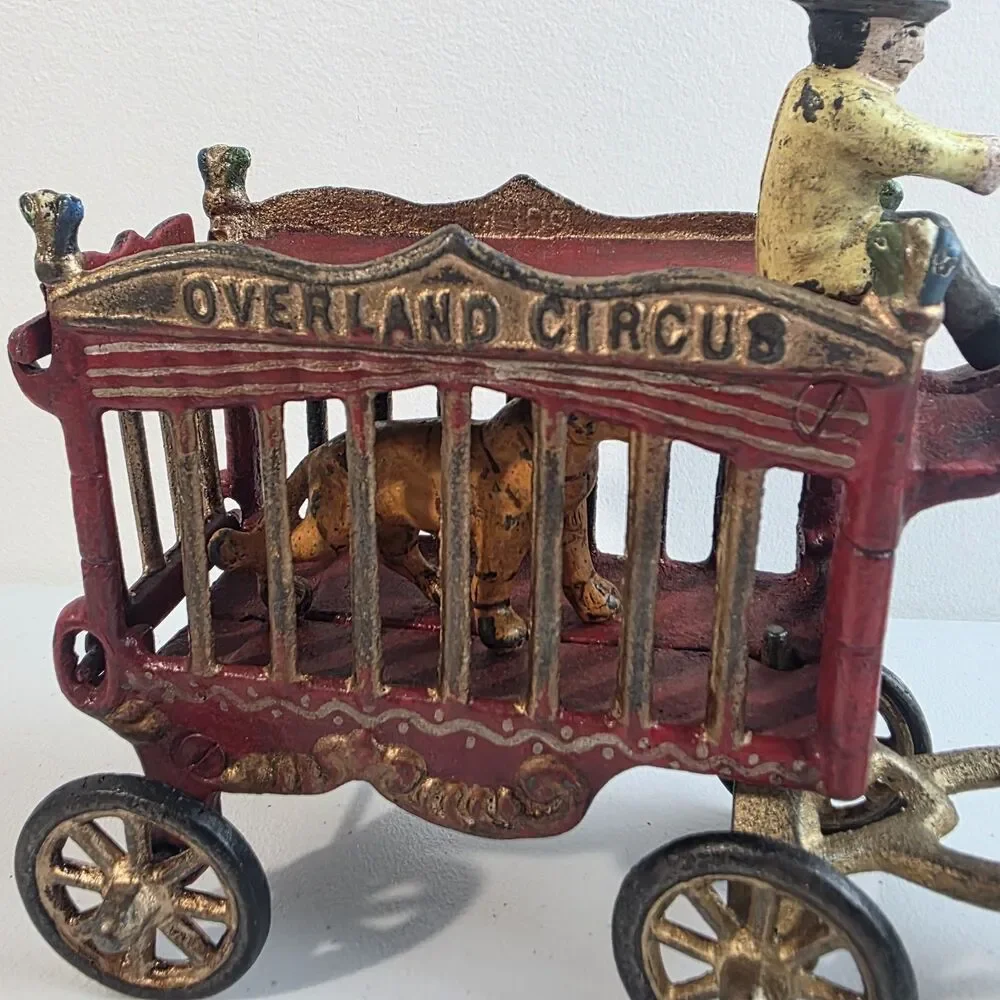 Vintage Cast Iron Horse Drawn OVERLAND Circus Wagon Toy With Tiger & Driver Read